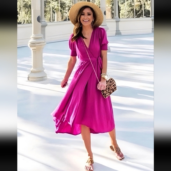 Anthropologie Rayon Maeve Breanna Wrap  Raspberry Midi Belted Lined Resort Dress - Picture 1 of 16